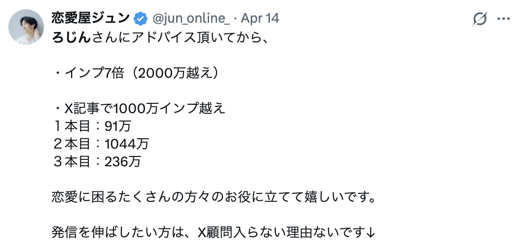 インプレッション7倍・X記事1,000万インプ超えを達成したクライアントのポスト